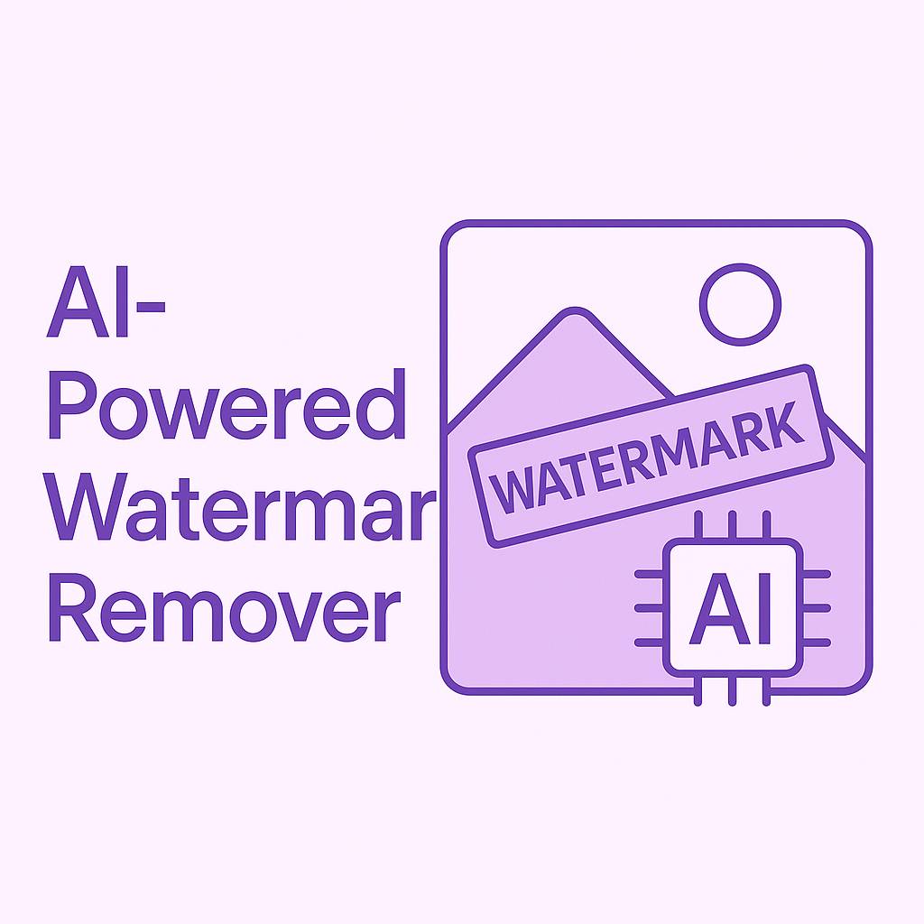 Minimalist purple illustration of an AI-powered watermark remover showing an AI chip and an image with a watermark being removed.