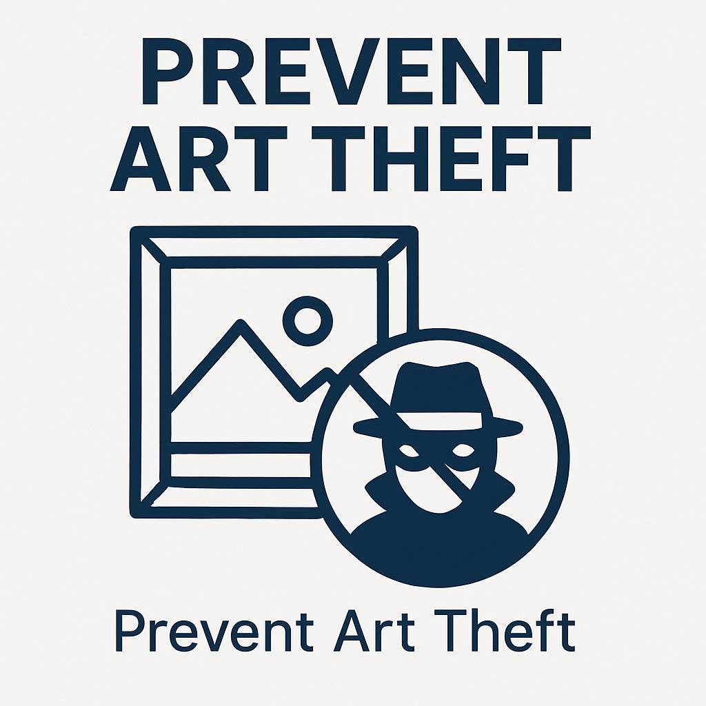 Minimalist graphic prevent art theft with framed artwork and thief icon