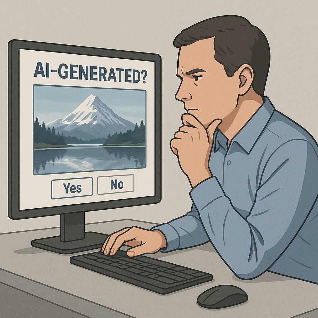 Illustration of a man checking if content is AI-generated on a computer screen