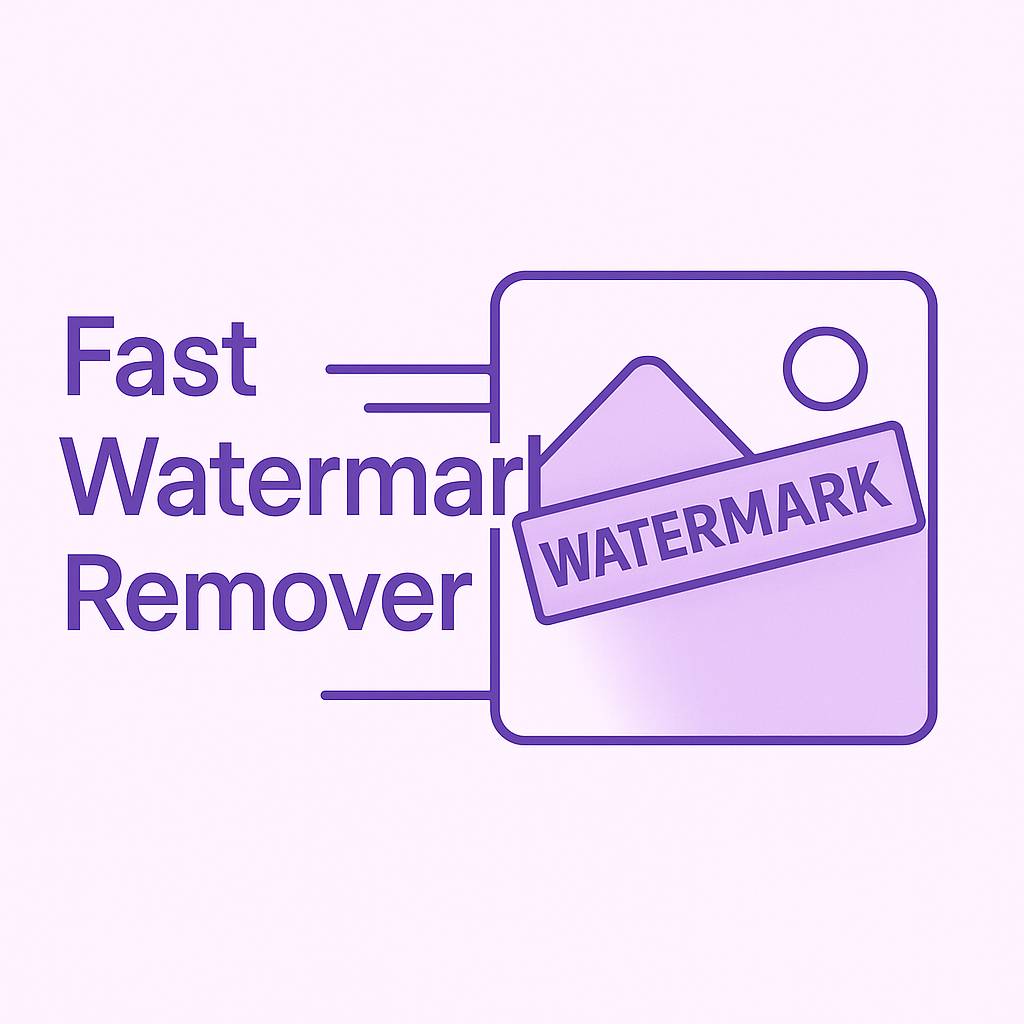 Minimalist purple illustration of a fast watermark remover processing tool showing an image with a watermark and speed lines for rapid removal.