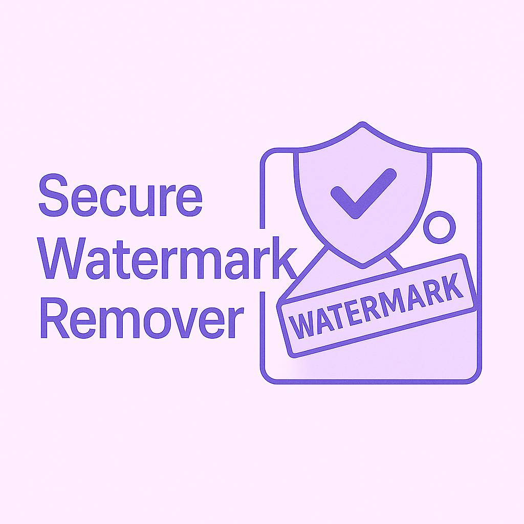 Soft lavender minimalist illustration of a secure watermark remover tool featuring a shield with a checkmark, an image with a watermark, and bold text emphasizing security